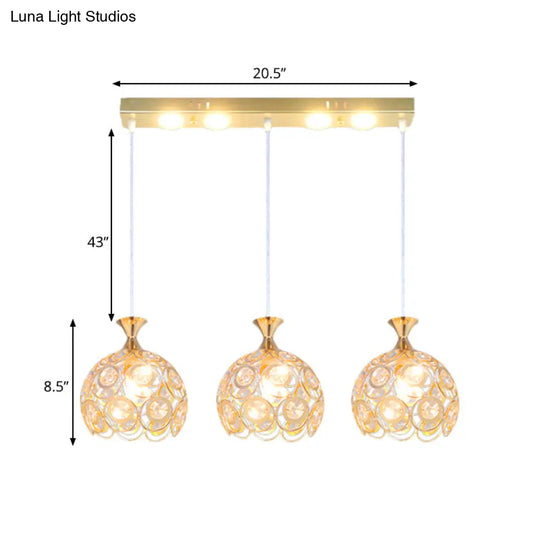 Gold Crystal-Encrusted 3-Bulb Pendulum Pendant Lamp - Modern Dining Room Fixture