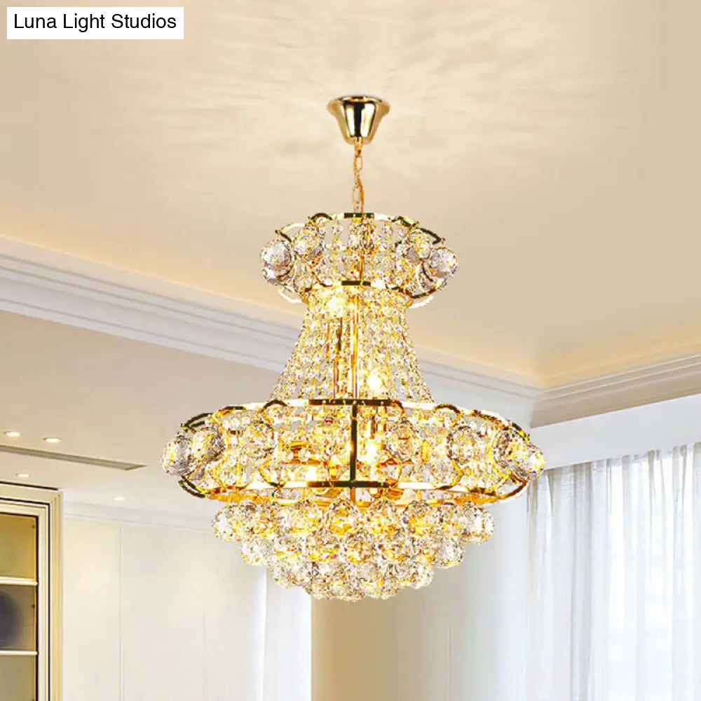 Gold Crystal Raindrop Tapered Ceiling Light - Elegant 6-Head Pendant Chandelier For Guest Room