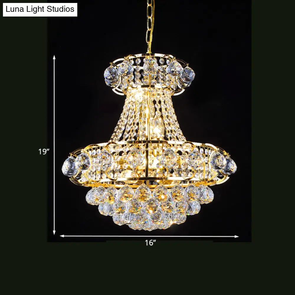 Gold Crystal Raindrop Tapered Ceiling Light - Elegant 6-Head Pendant Chandelier For Guest Room