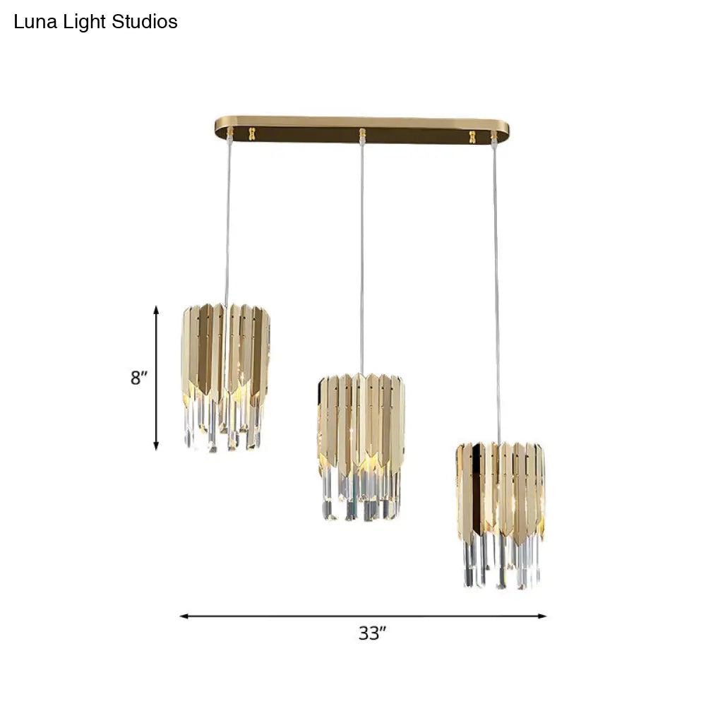 Gold Crystal Rectangle Pendant Light For Dining Room - Luxurious Layered Cluster Clear 3-Head