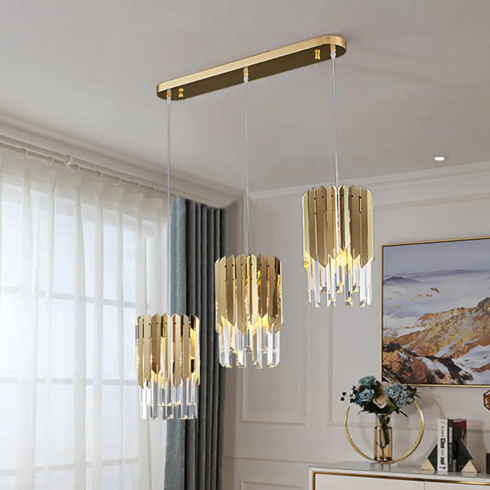 Gold Crystal Rectangle Pendant Light For Dining Room - Luxurious Layered Cluster Clear 3-Head