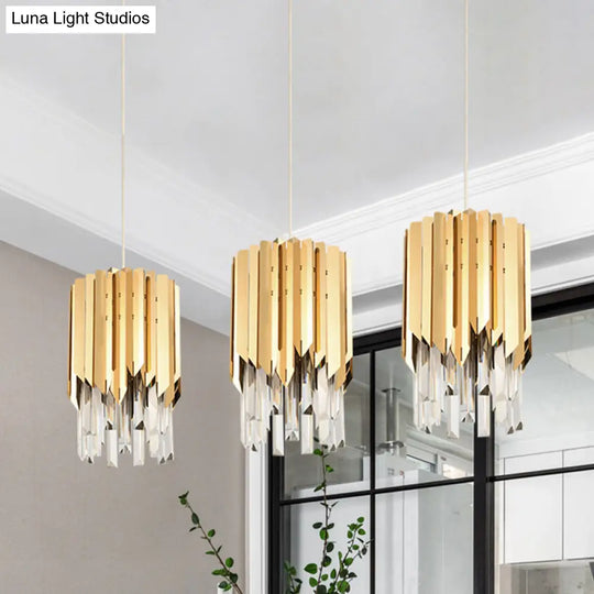 Gold Crystal Rectangle Pendant Light For Dining Room - Luxurious Layered Cluster Clear 3-Head