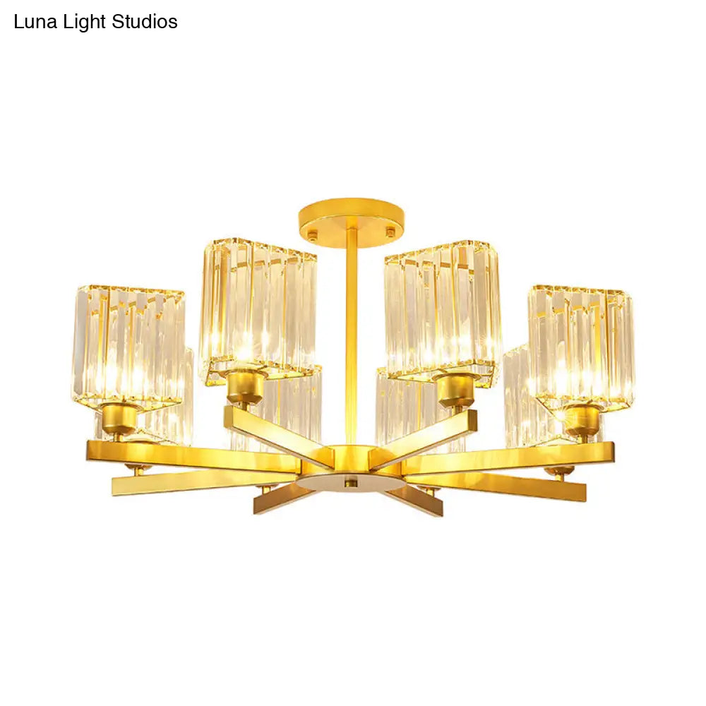 Gold Crystal Semi-Flush Mount With 3/6/8 Lights For Contemporary Living Room Lighting