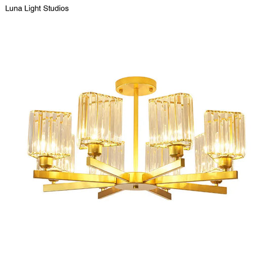 Gold Crystal Semi-Flush Mount With 3/6/8 Lights For Contemporary Living Room Lighting