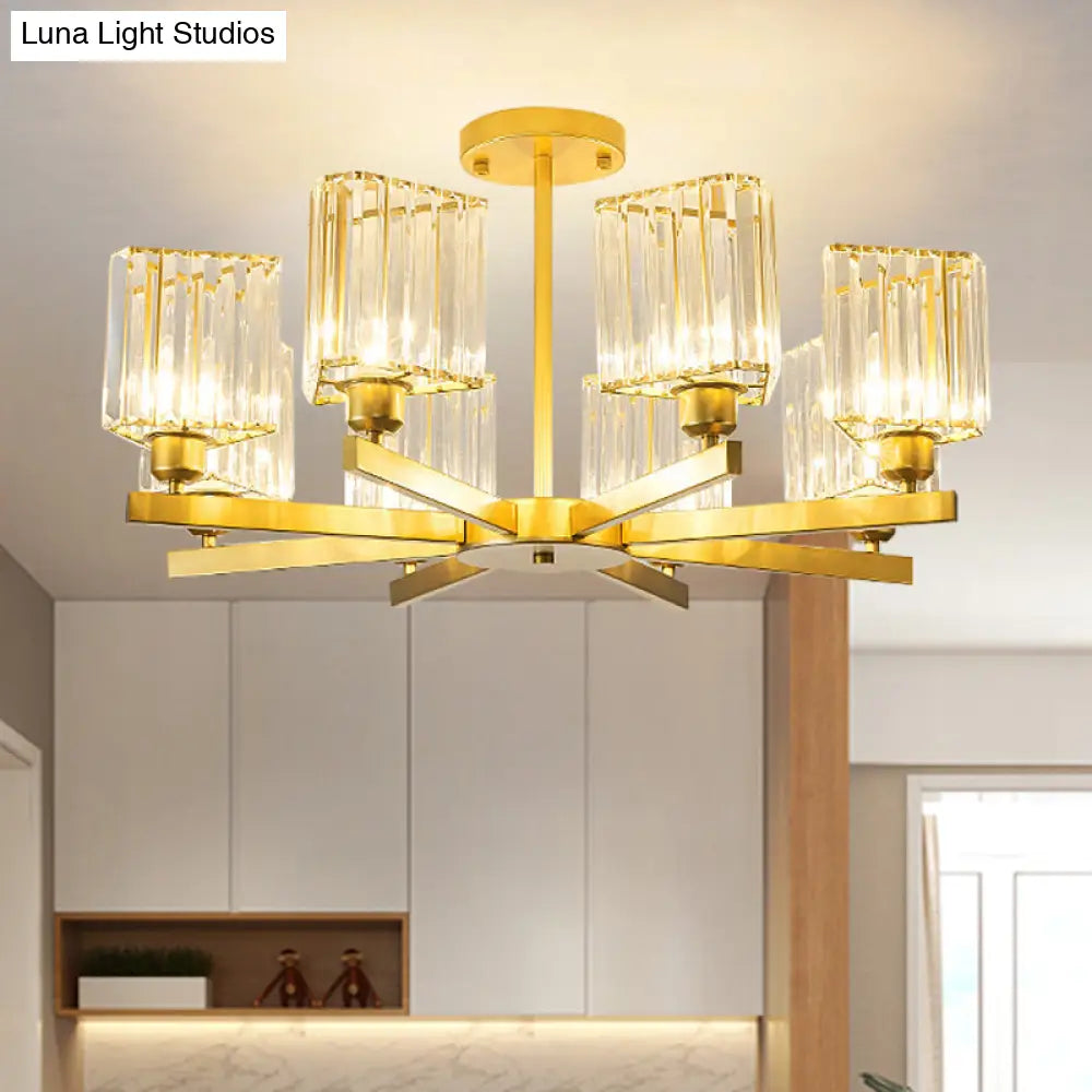 Gold Crystal Semi-Flush Mount With 3/6/8 Lights For Contemporary Living Room Lighting