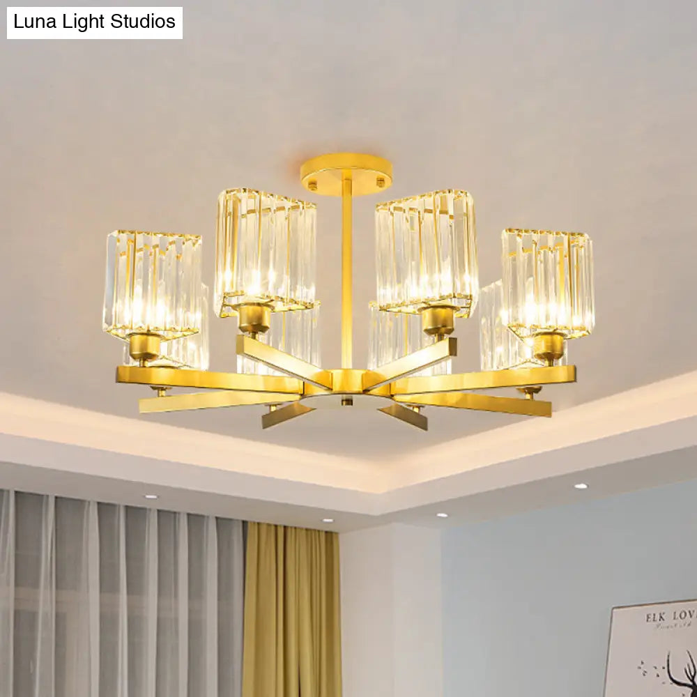 Gold Crystal Semi-Flush Mount With 3/6/8 Lights For Contemporary Living Room Lighting