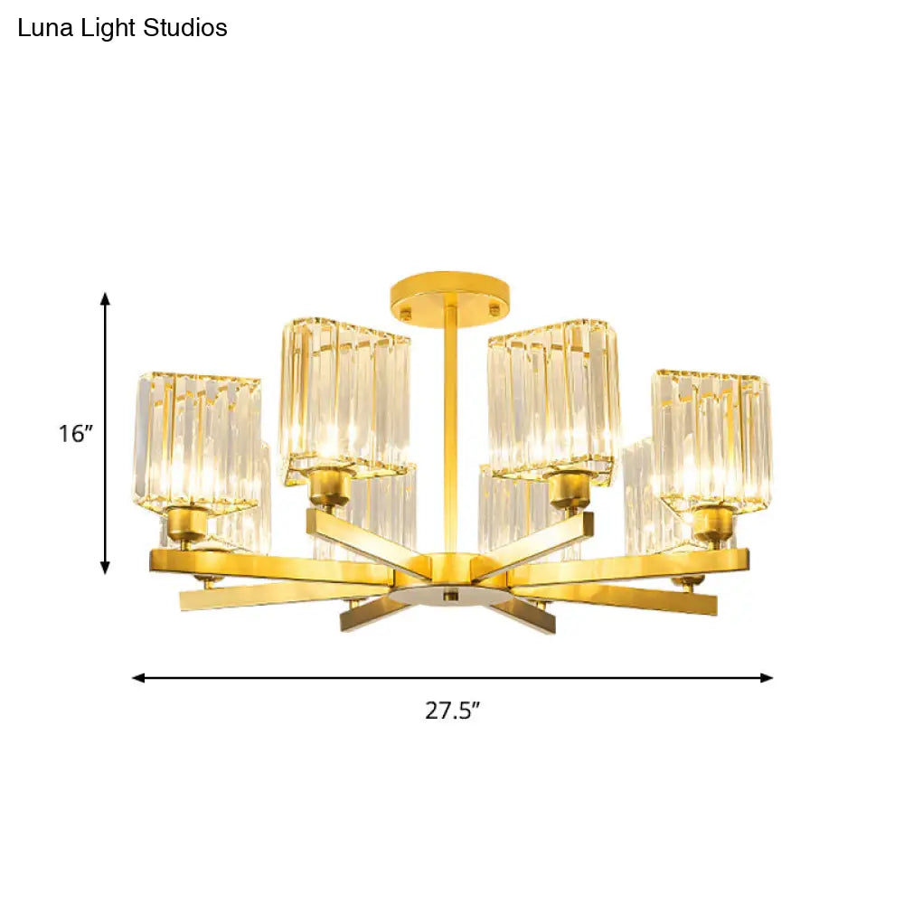 Gold Crystal Semi-Flush Mount With 3/6/8 Lights For Contemporary Living Room Lighting