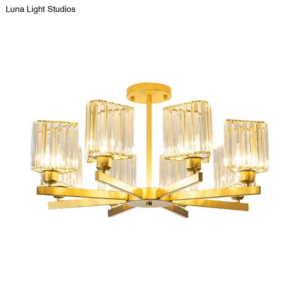 Gold Crystal Semi-Flush Mount With 3/6/8 Lights For Contemporary Living Room Lighting