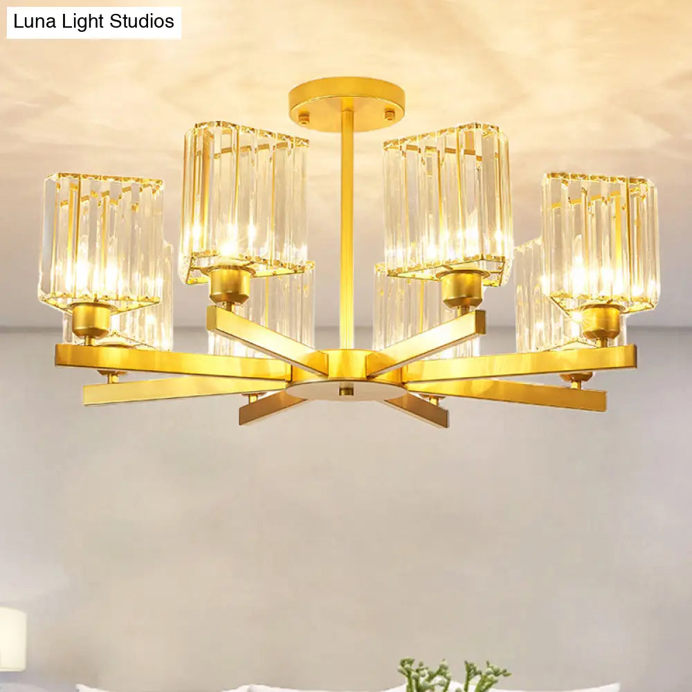 Gold Crystal Semi-Flush Mount With 3/6/8 Lights For Contemporary Living Room Lighting