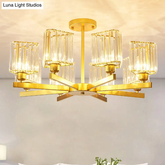 Gold Crystal Semi-Flush Mount With 3/6/8 Lights For Contemporary Living Room Lighting