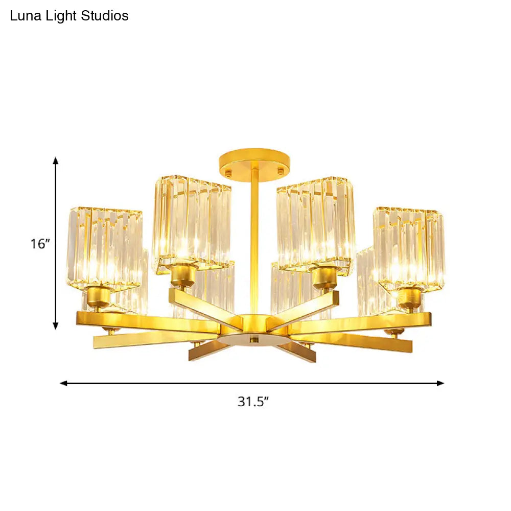 Gold Crystal Semi-Flush Mount With 3/6/8 Lights For Contemporary Living Room Lighting