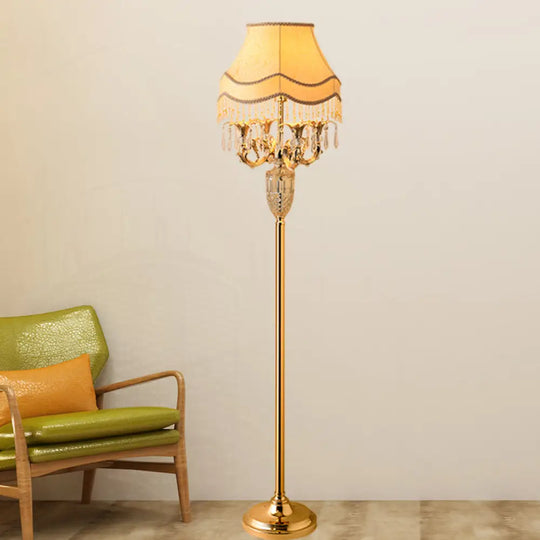 Gold Crystal Spears Floor Reading Lamp With Beige Fabric Shade