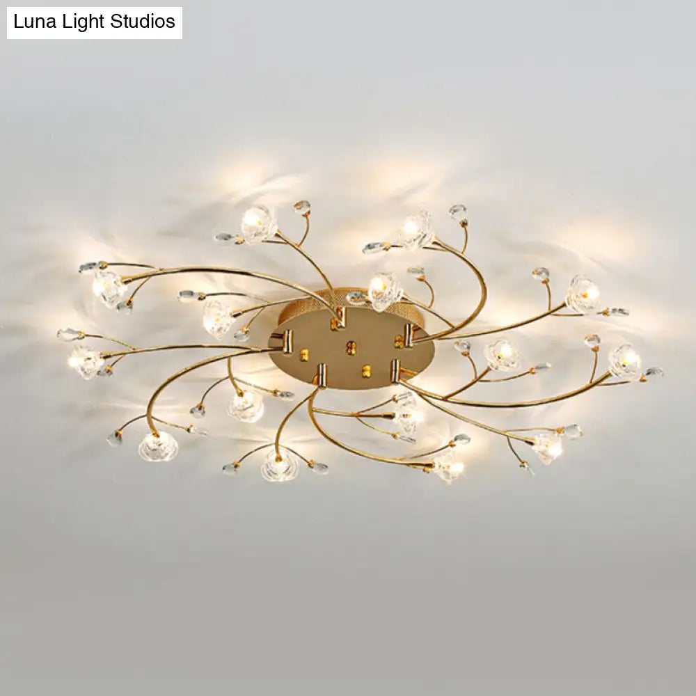 Gold Crystal Spiral Branch Flush Ceiling Lamp - Minimalist 15-Head Mounted Light