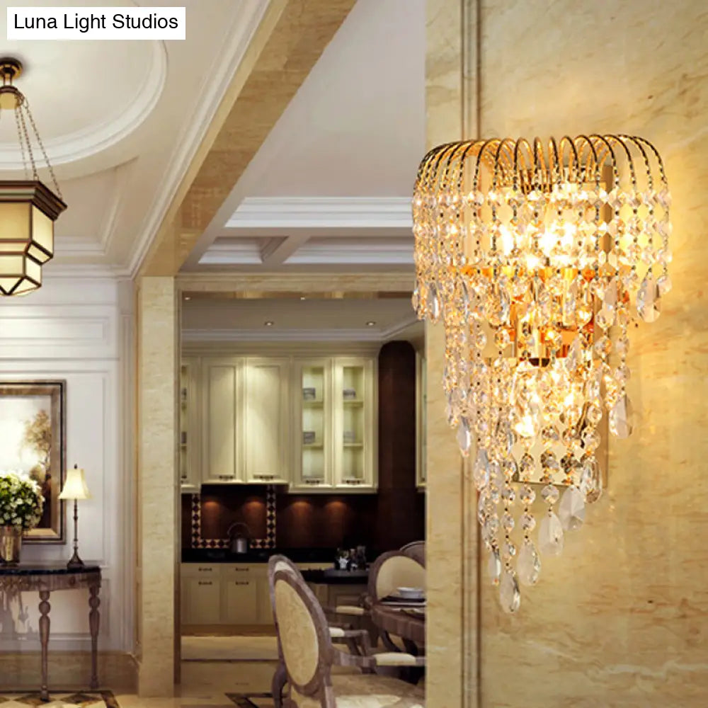 Gold Crystal Strand Wall Lamp - Traditional 3-Light Sconce For Living Room