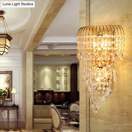 Gold Crystal Strand Wall Lamp - Traditional 3-Light Sconce For Living Room