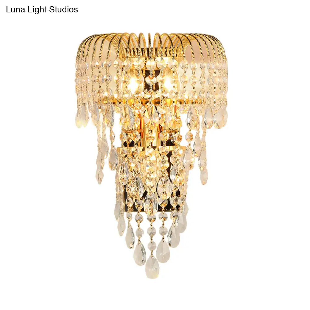 Gold Crystal Strand Wall Lamp - Traditional 3-Light Sconce For Living Room