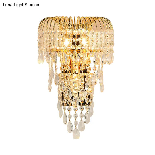 Gold Crystal Strand Wall Lamp - Traditional 3-Light Sconce For Living Room