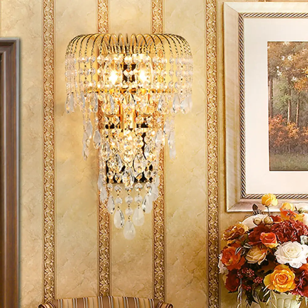 Gold Crystal Strand Wall Lamp - Traditional 3-Light Sconce For Living Room