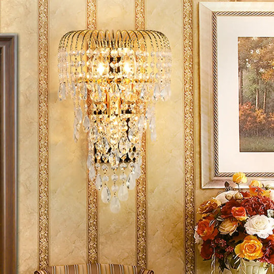 Gold Crystal Strand Wall Lamp - Traditional 3-Light Sconce For Living Room