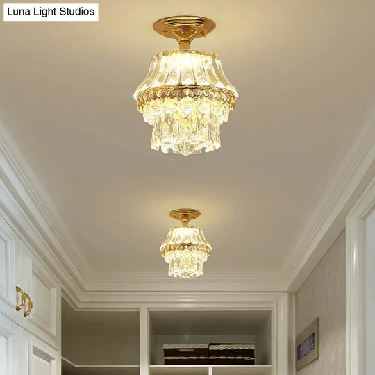 Gold Crystal Tiered Led Semi Flush Ceiling Mount Light Fixture - Contemporary Rectangle-Cut Design