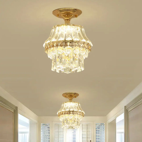 Gold Crystal Tiered Led Semi Flush Ceiling Mount Light Fixture - Contemporary Rectangle-Cut Design