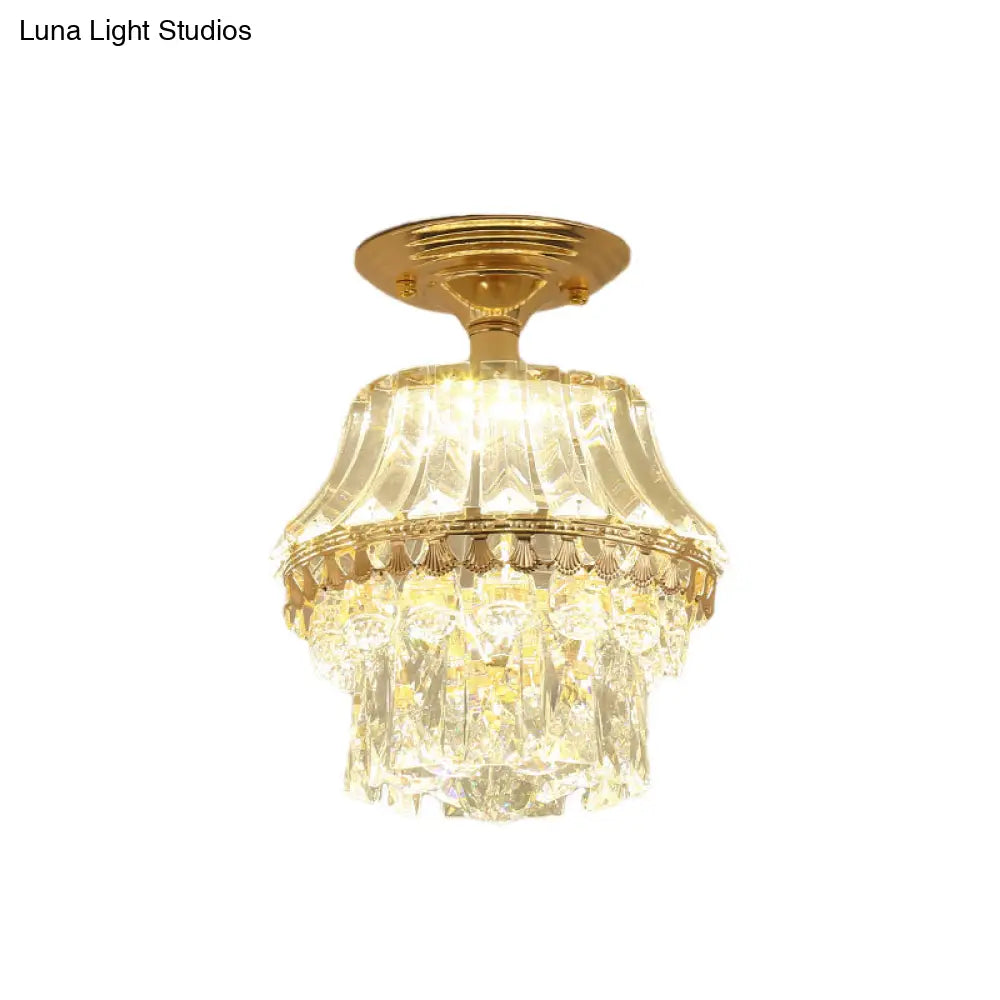 Gold Crystal Tiered Led Semi Flush Ceiling Mount Light Fixture - Contemporary Rectangle-Cut Design