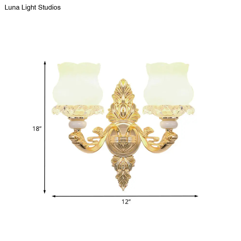 Gold Crystal Wall Mounted Light With 2 Cream Glass Bloom Heads - Simplicity For Living Room