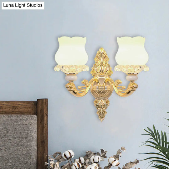 Gold Crystal Wall Mounted Light With 2 Cream Glass Bloom Heads - Simplicity For Living Room