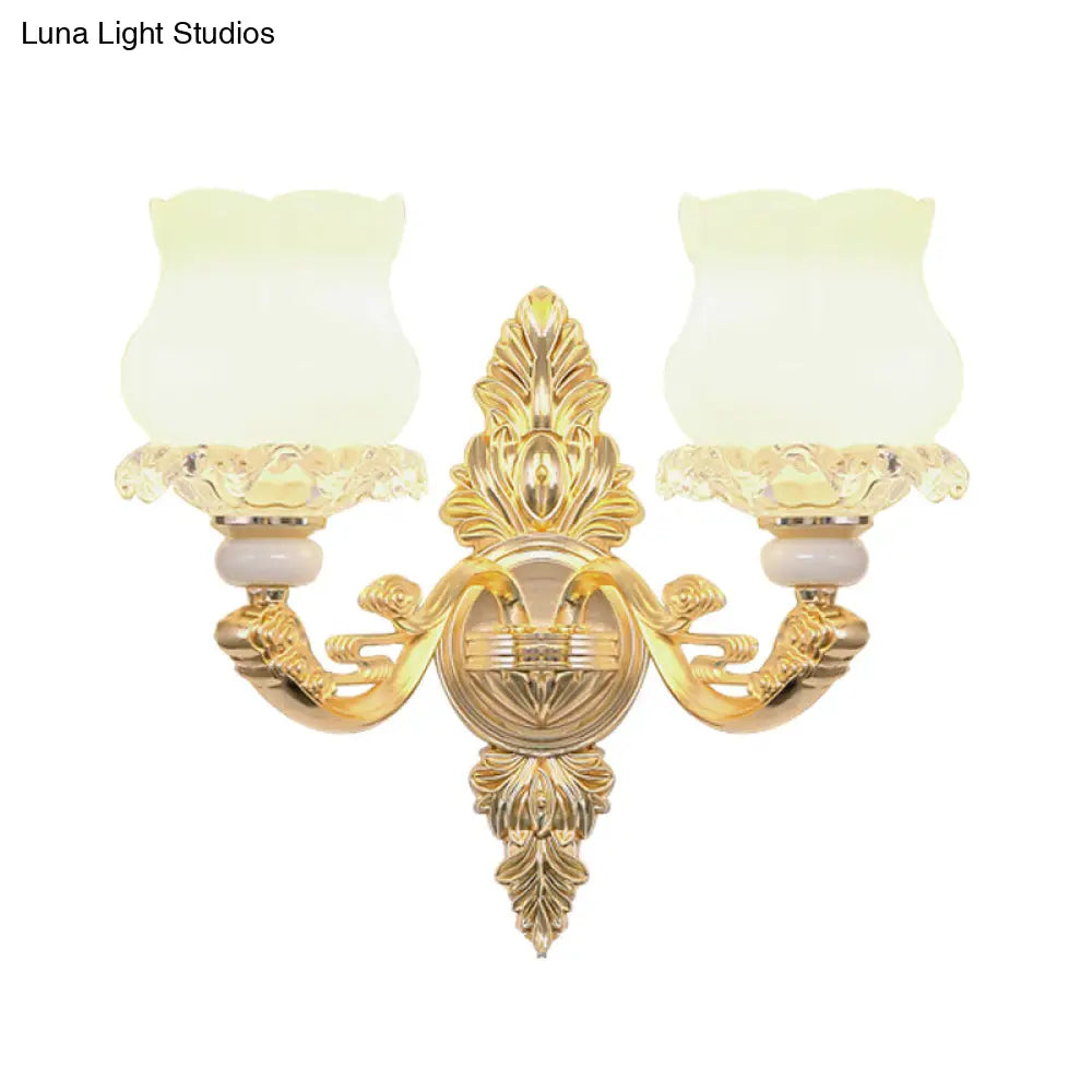 Gold Crystal Wall Mounted Light With 2 Cream Glass Bloom Heads - Simplicity For Living Room