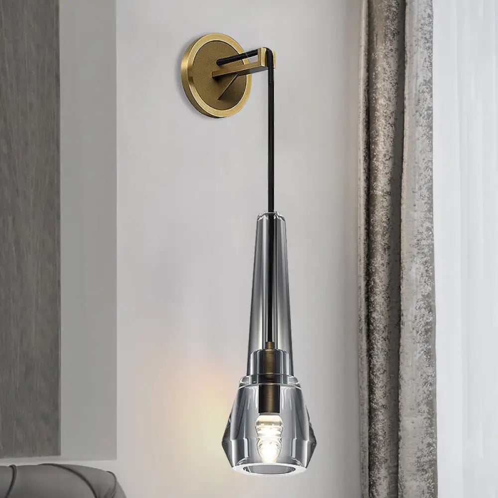 Gold Crystal Wall Sconce Light With Conical Shade - Minimalist Design 13/26 H / 13