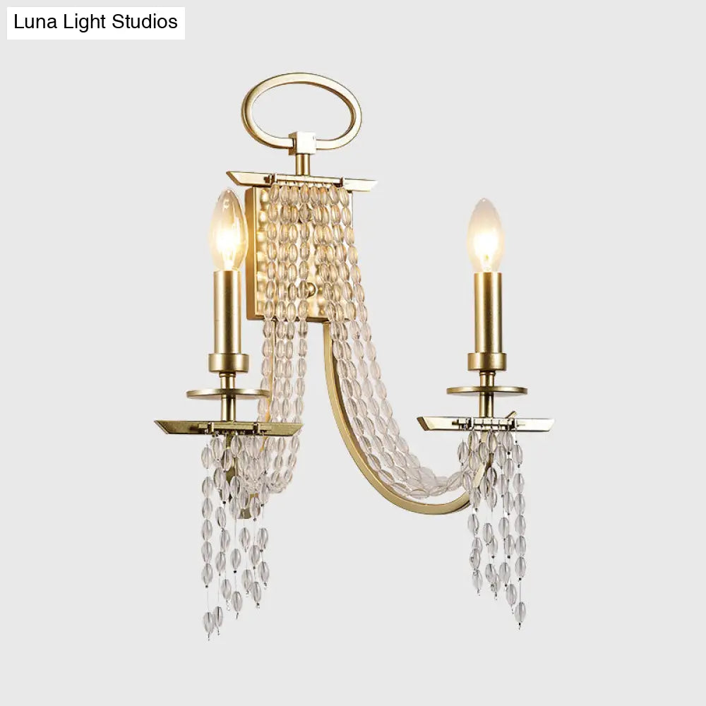 Gold Crystal Wall Sconce With Rustic Charm: Ideal For Dining Room Lighting (2-Light Candle Mount)