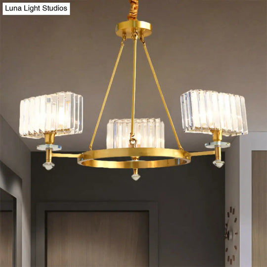 Gold Tone Cuboid Crystal Pendant Chandelier With 3/6 Bulbs For Contemporary Suspension Lighting 3 /