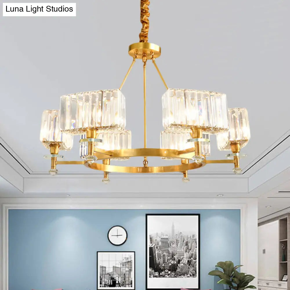 Gold Tone Cuboid Crystal Pendant Chandelier With 3/6 Bulbs For Contemporary Suspension Lighting