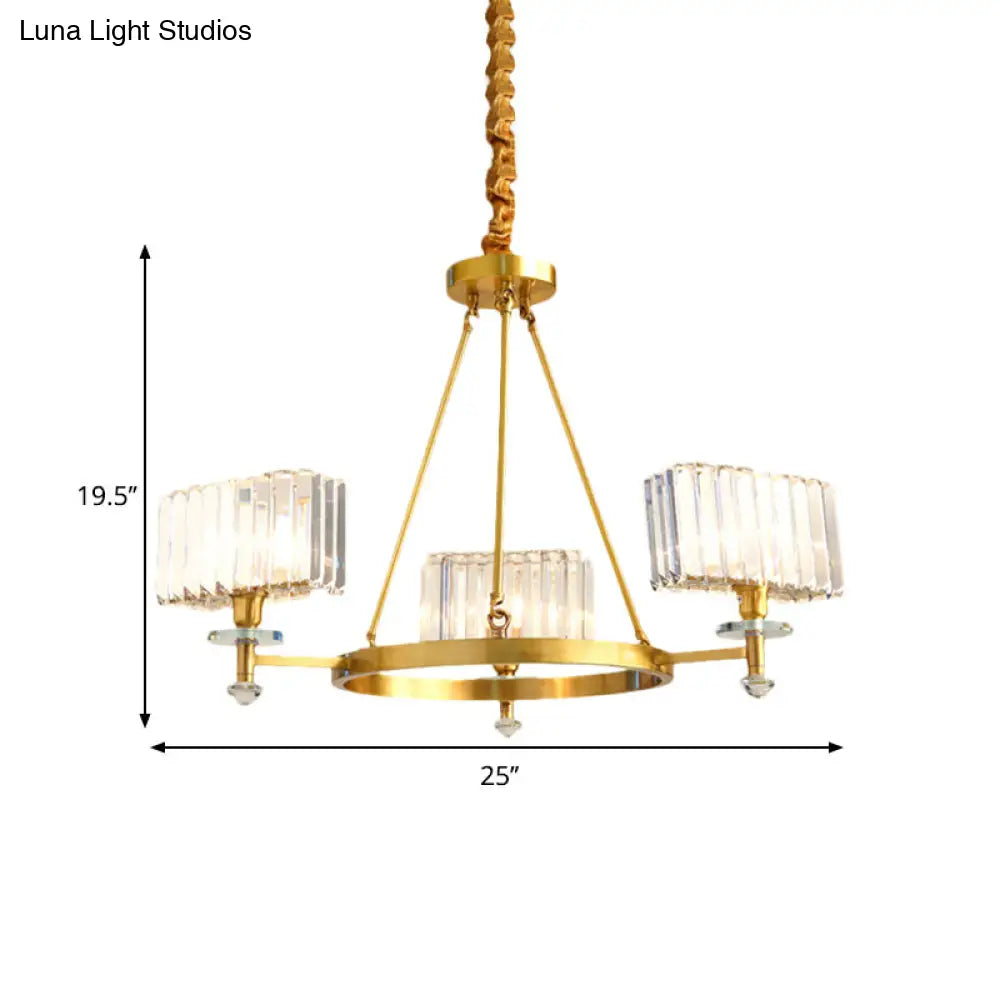 Gold Tone Cuboid Crystal Pendant Chandelier With 3/6 Bulbs For Contemporary Suspension Lighting