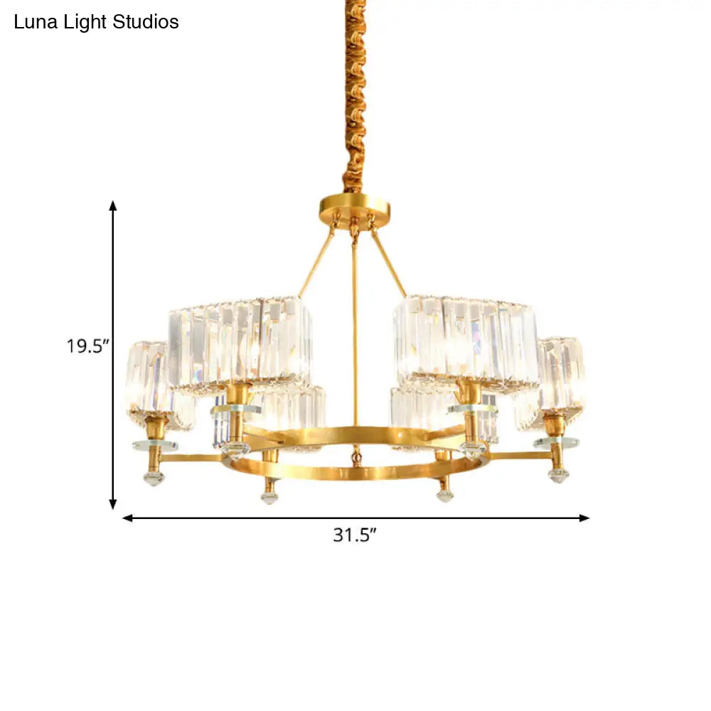 Gold Tone Cuboid Crystal Pendant Chandelier With 3/6 Bulbs For Contemporary Suspension Lighting