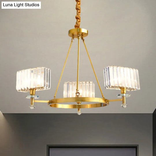 Gold Tone Cuboid Crystal Pendant Chandelier With 3/6 Bulbs For Contemporary Suspension Lighting