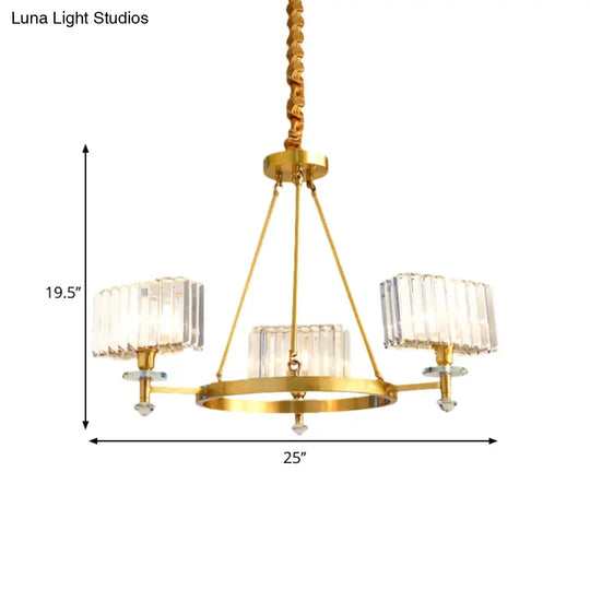 Gold Cuboid Crystal Pendant Chandelier: 3/6 Bulbs Suspension Lighting - Contemporary Design