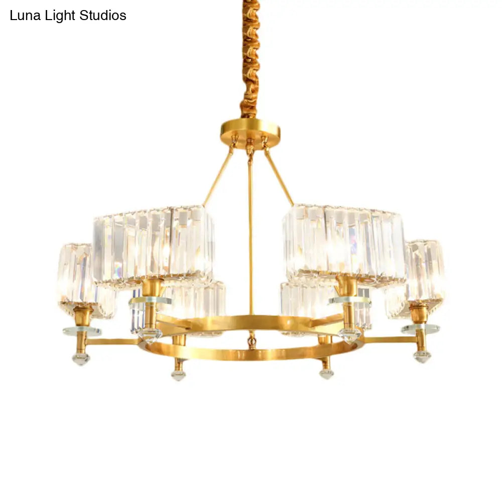 Gold Tone Cuboid Crystal Pendant Chandelier With 3/6 Bulbs For Contemporary Suspension Lighting