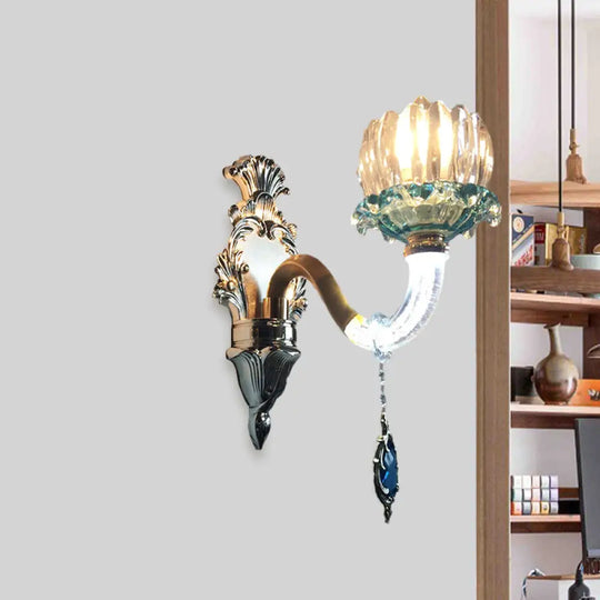 Gold Curved Arm Crystal Wall Sconce - Elegant Living Room Lighting Fixture