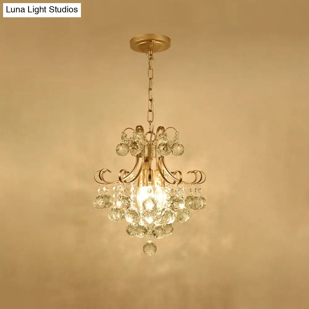 Gold Curved Arm Pendant Light Fixture With Crystal Accent - Countryside Metal 1-Bulb Porch Hanging