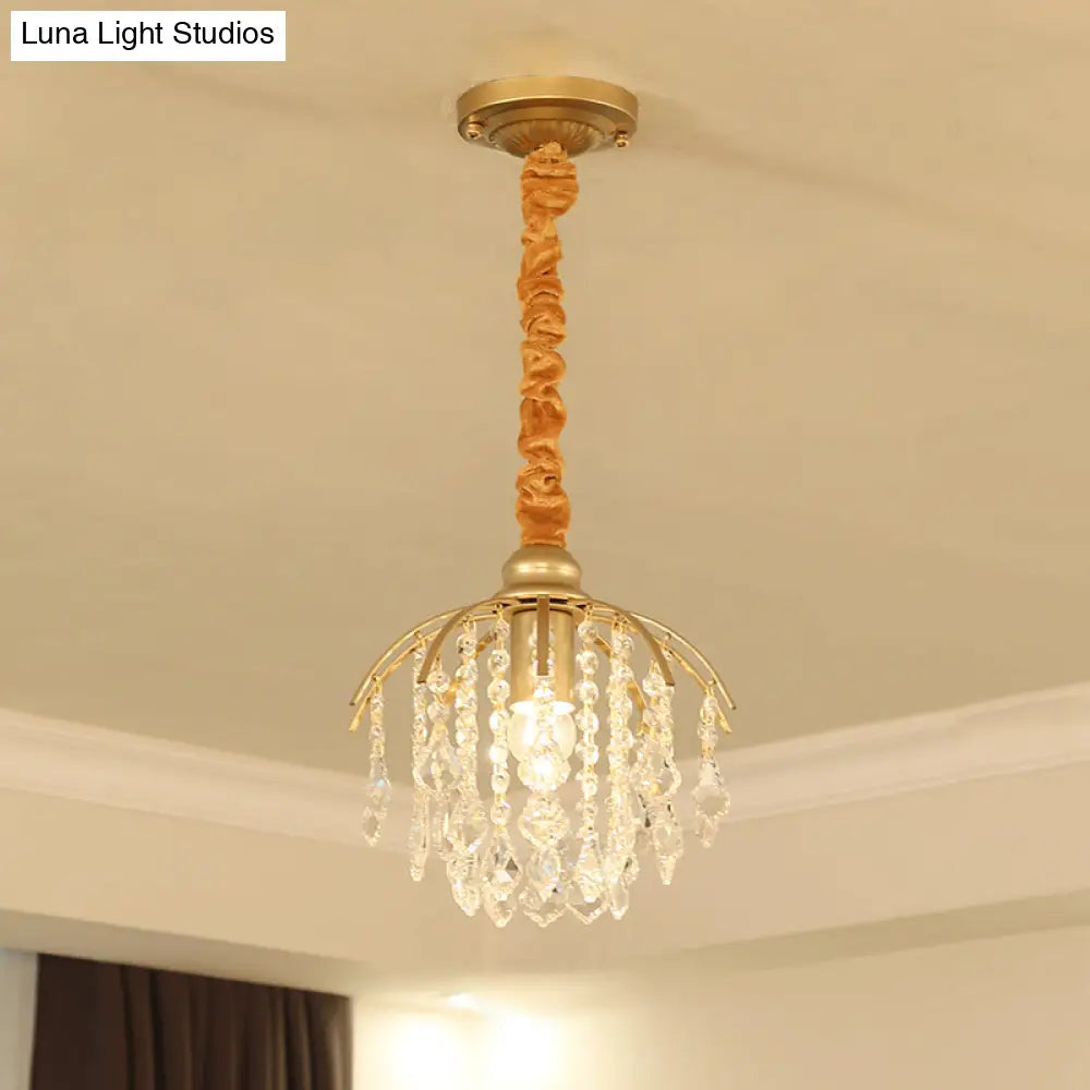 Gold Curved Arm Pendant Light Fixture With Crystal Accent - Countryside Metal 1-Bulb Porch Hanging