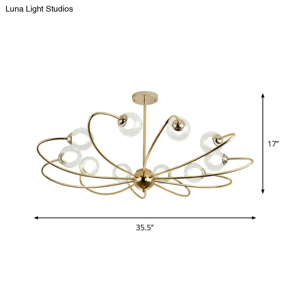 Gold Curved Arm Pendant Light With Glass Shades - Ceiling Chandelier (6/8/10 Heads)