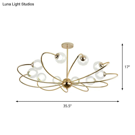 Gold Curved Arm Pendant Light With Glass Shades - Ceiling Chandelier (6/8/10 Heads)