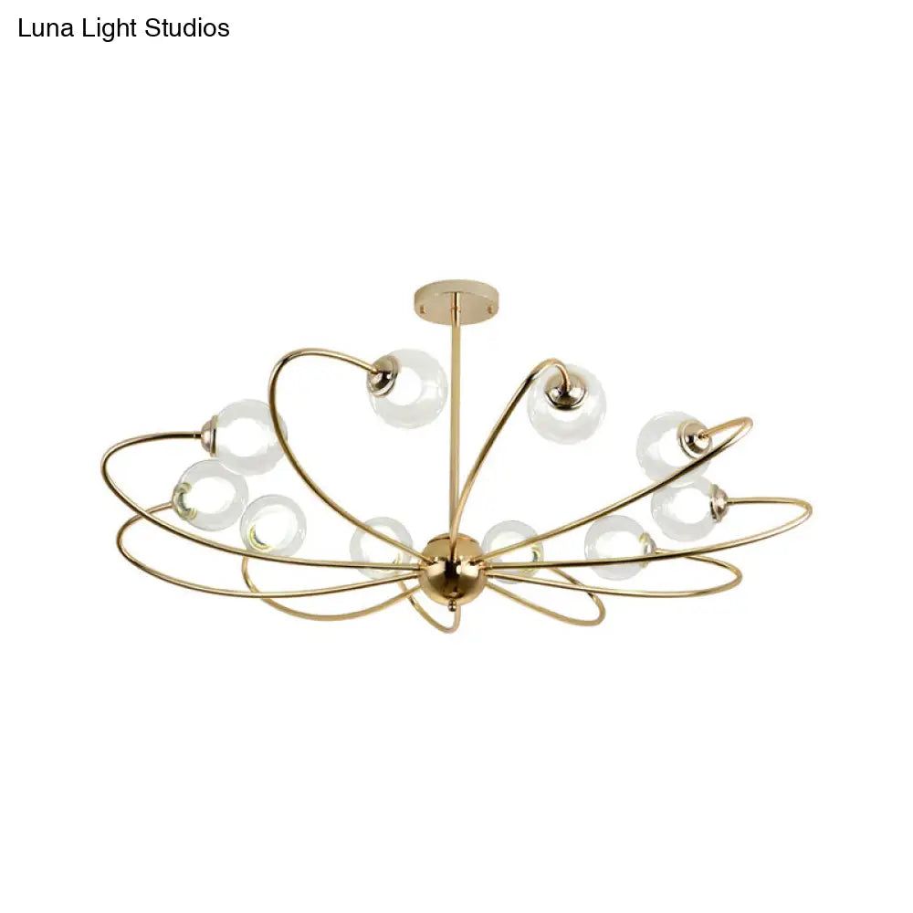 Gold Curved Arm Pendant Light With Glass Shades - Ceiling Chandelier (6/8/10 Heads)