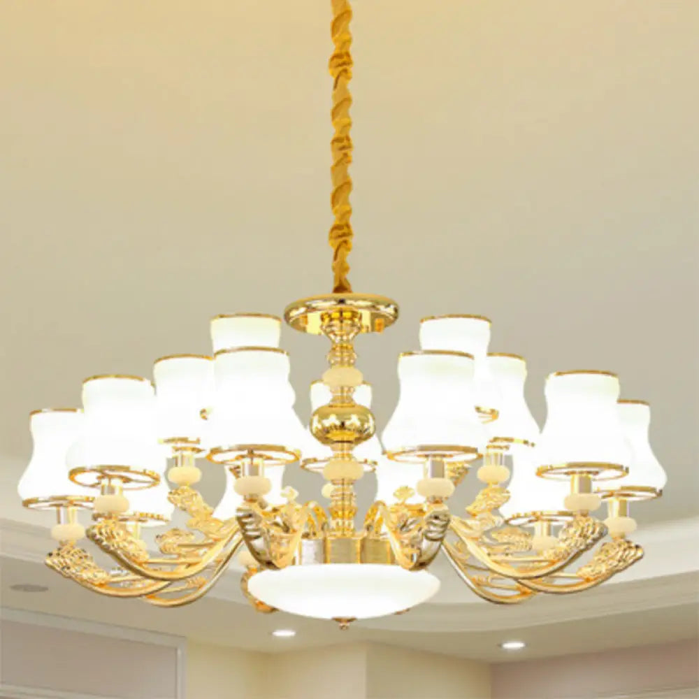 Gold Curved Downlight Pendant Chandelier With White Frosted Glass Shade 15 / A