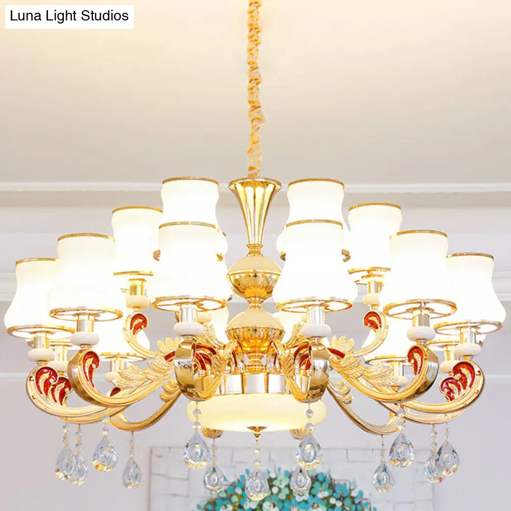 Minimalist Gold Chandelier Pendant With Curved Down Lighting And Frosted Glass Shade 18 / White B