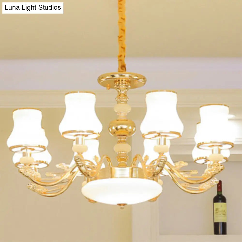 Minimalist Gold Chandelier Pendant With Curved Down Lighting And Frosted Glass Shade 8 / White D