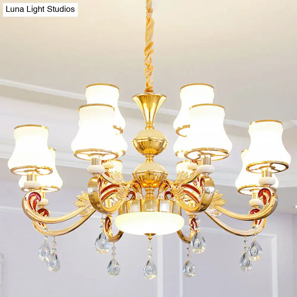 Minimalist Gold Chandelier Pendant With Curved Down Lighting And Frosted Glass Shade 12 / White B