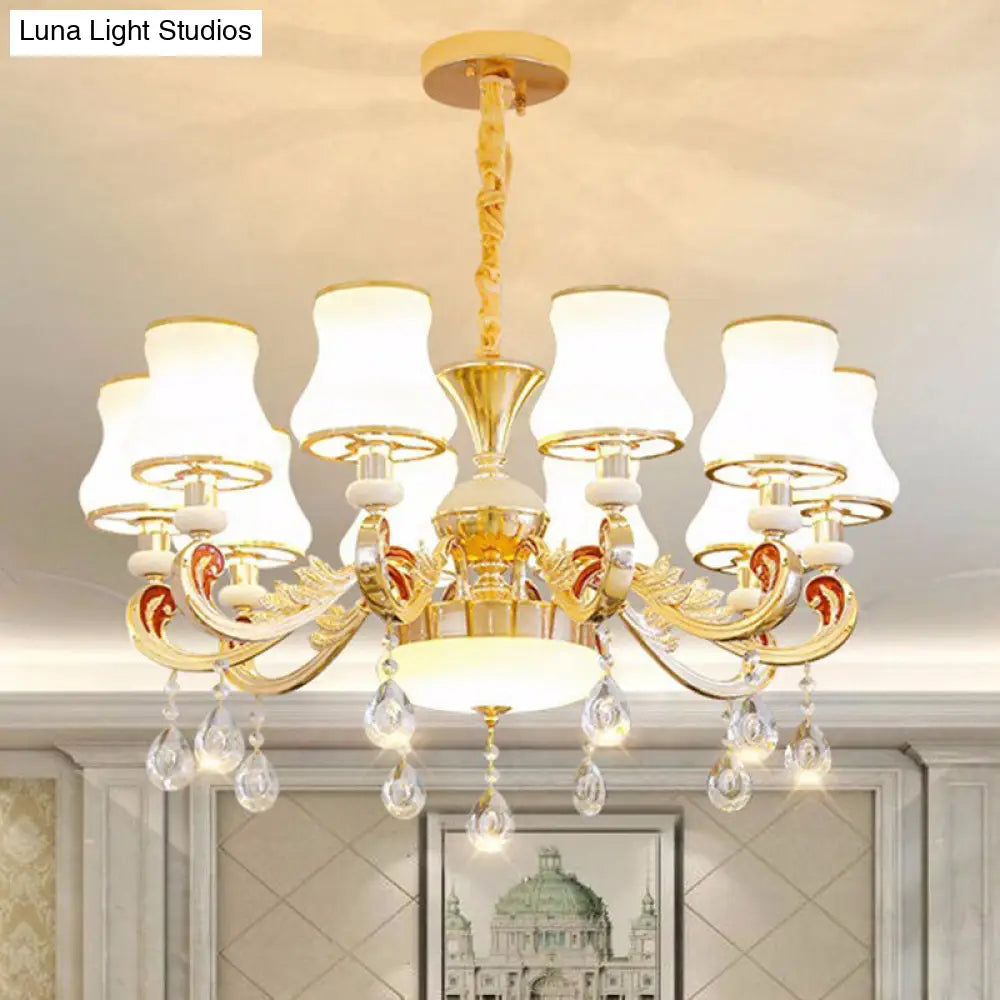 Minimalist Gold Chandelier Pendant With Curved Down Lighting And Frosted Glass Shade 10 / White B