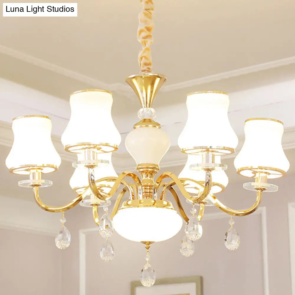 Minimalist Gold Chandelier Pendant With Curved Down Lighting And Frosted Glass Shade 6 / White A